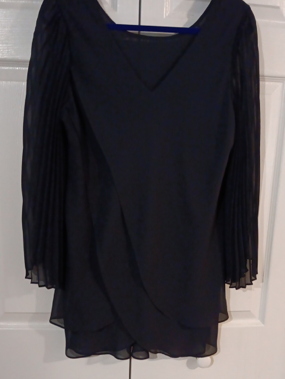 Navy Chiffon Overlay V-Neck Blouse